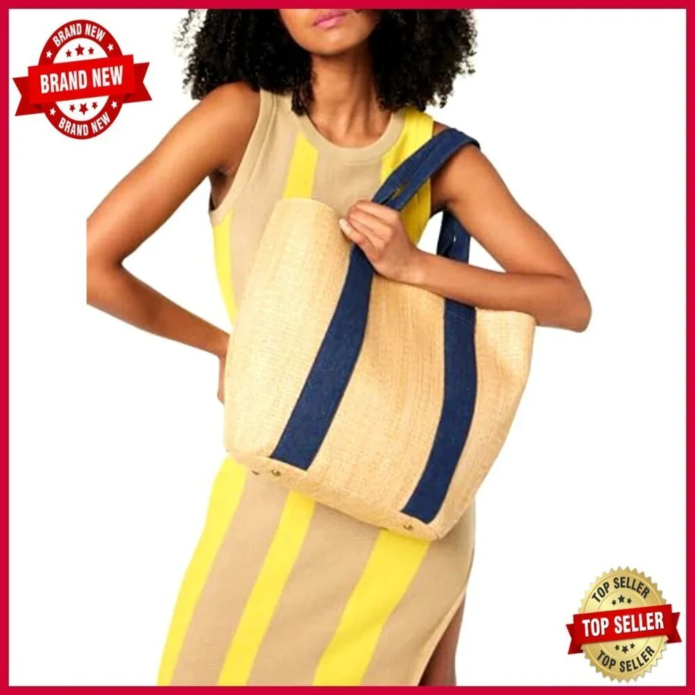 Large Canvas Detail Straw Tote with Zipper Pocket, Shoulder Strap